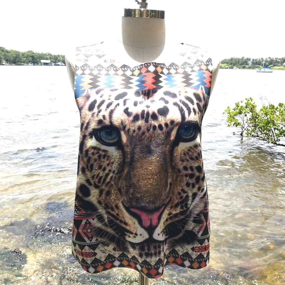 Tmani Leopard Face Aztec Tank Top Slash back
